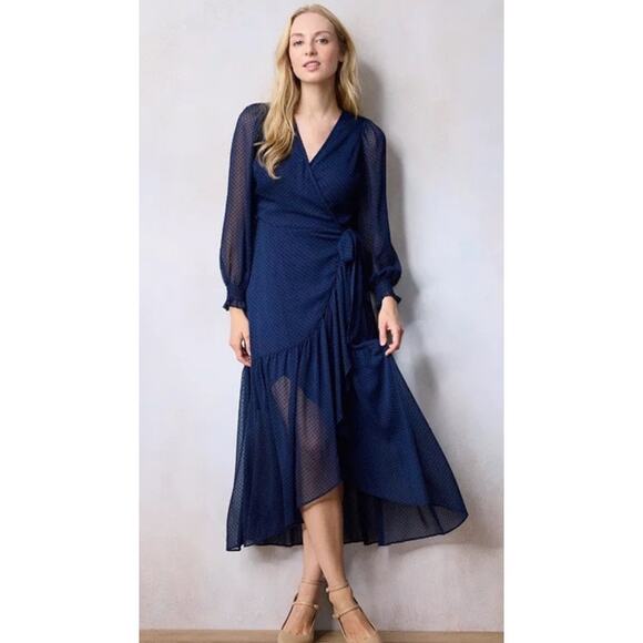 LC Lauren Conrad Long Wrap Flocked Maxi Dress S Polka Dot Blue Academia Twee - Picture 1 of 9